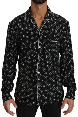 Dolce & Gabbana Homme, Chemises, Noir, Taille: M Chemise de Nuit en Soie Noire avec Imprimé Crâne