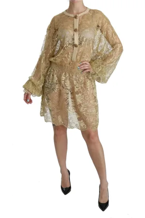 Dolce & Gabbana Femme, Robes, Jaune, Taille: 36 FR Robe en Dentelle Dorée A-Ligne Longueur Genou