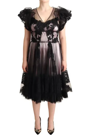 Dolce & Gabbana Femme, Robes, Noir, Taille: 40 FR Robe Noire Rose en Dentelle Florale A-line Midi Transparente