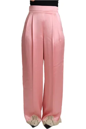 Dolce & Gabbana Femme, Pantalons, Rose, Taille: 38 FR Pantalon large en mélange de soie avec bordure en dentelle