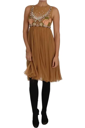 Dolce & Gabbana Femme, Robes, Jaune, Taille: 36 FR Robe A-Line en Soie avec Cristaux et Fleurs Dorées