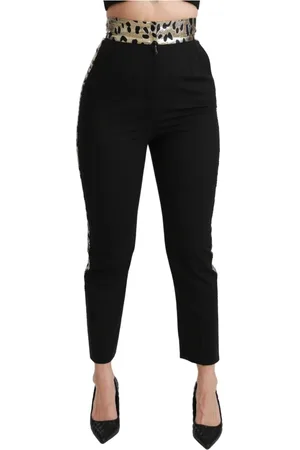 Dolce & Gabbana Femme, Jeans, Noir, Taille: 36 FR Pantalon Taille Haute Léopard Jacquard