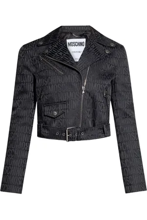 Moschino Femme, Vestes, Noir, Taille: 40 FR Veste en cuir avec graphique de logo et fermeture éclair