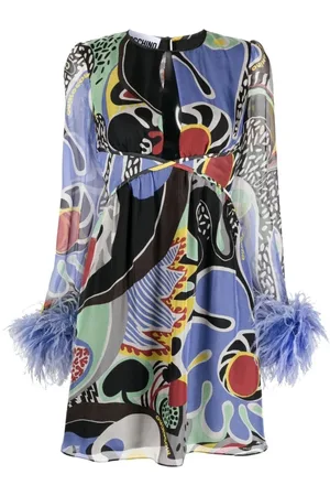 Moschino Femme, Robes, Noir, Taille: 36 FR Robe courte de jour avec imprimé plumes