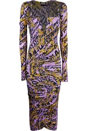 VERSACE Femme, Robes, Violet, Taille: 42 FR Robe Midi à Imprimé Baroque et Col Carré