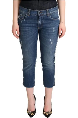 Dolce & Gabbana Femme, Jeans, Bleu, Taille: 36 FR Jean Denim Bleu Lavé à Taille Mi-haute avec Logo et Coupe Courte