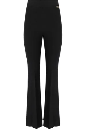 Twin-Set Femme, Pantalons, Noir, Taille: 40 FR Pantalon Évasé Noir Côtelé avec Détail Logo Doré