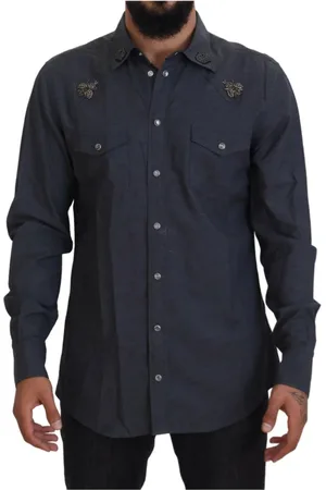 Dolce & Gabbana Homme, Chemises, Bleu, Taille: XL Chemise en Denim Bleu avec Cristal dAbeille