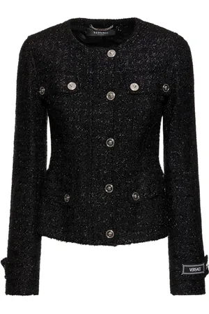VERSACE Femme, Pulls, Noir, Taille: 36 FR Blazer en Tweed avec Effet Lurex