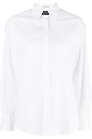 Brunello Cucinelli Femme, Blouses et Chemises, Blanc, Taille: 38 FR Chemise en popeline ornée de perles Monili