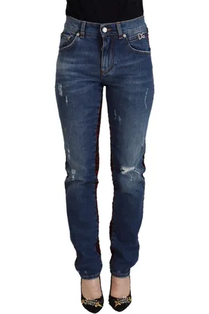 Dolce & Gabbana Femme, Jeans, Bleu, Taille: 36 FR Jean slim en denim bleu à carreaux au dos