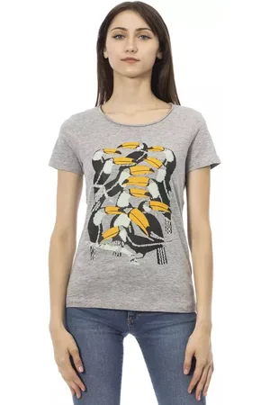 Trussardi Femme, Tops, Gris, Taille: 36 FR T-shirt en Coton Gris à Manches Courtes avec Imprimé sur le Devant