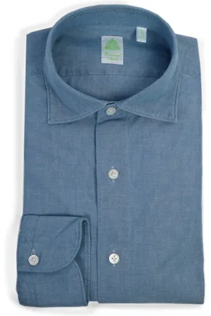 Finamore Homme, Chemises, Bleu, Taille: 2XL Chemise Gaeta Chambray avec Col Doux
