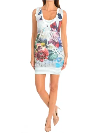 Desigual Femme, Robes, Blanc, Taille: 38 FR Robe sans Manches Rayée Bleue