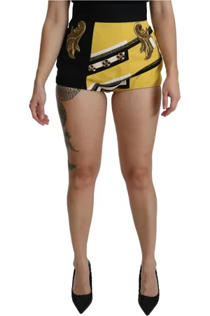 Dolce & Gabbana Femme, Shorts, Multicolore, Taille: 42 FR Shorts Jaune Noir avec Cristaux Brodés Taille Haute