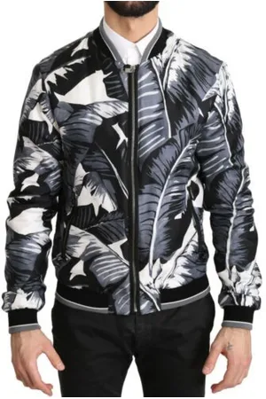 Dolce & Gabbana Homme, Vestes, Noir, Taille: L Bomber en soie avec imprimé feuille de bananier