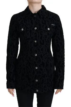 Dolce & Gabbana Femme, Vestes, Noir, Taille: 36 FR Veste en Denim Léopard Noir