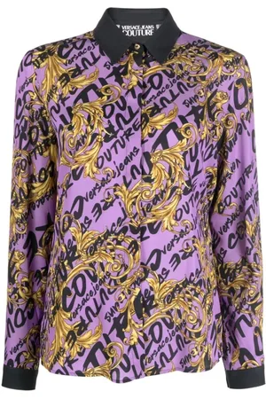 VERSACE Femme, Blouses et Chemises, Violet, Taille: 38 FR Chemise Lilla Logo Brush Couture All Over - Taille 42