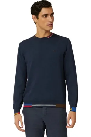 HARMONT&BLAINE Homme, Pulls, Bleu, Taille: S Pull col rond en coton et laine avec détails multicolores