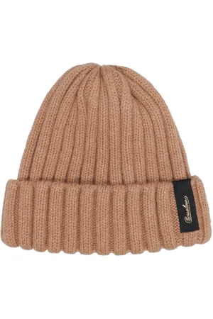 Borsalino Femme, Accessoires, Brun, Taille: ONE Size Chapeau en Cachemire Beige Côtelé avec Plaque Logo