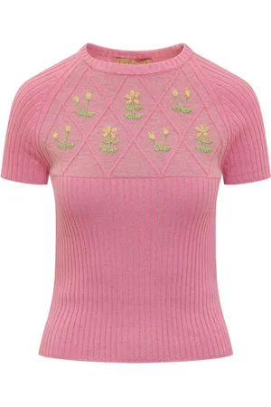 CORMIO Femme, Tops, Rose, Taille: 36 FR T-shirt Col Rond Brodé de Fleurs