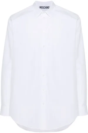 Moschino Homme, Chemises, Blanc, Taille: L Chemise en Popeline de Coton Blanc avec Logo Brodé