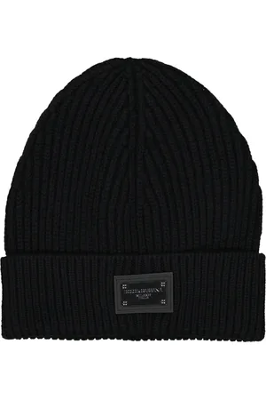 Dolce & Gabbana Homme, Accessoires, Noir, Taille: ONE Size Bonnet à Logo Plaque en Maille Côtelée