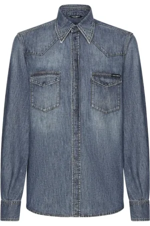 Dolce & Gabbana Homme, Chemises, Bleu, Taille: XL Chemise en Denim Bleu avec Col Pointu