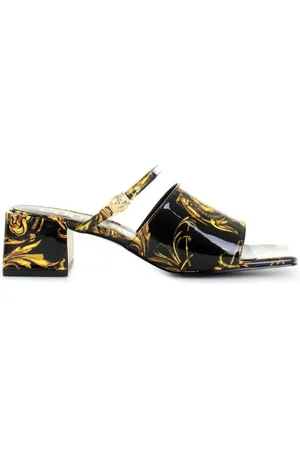 VERSACE Femme, Chaussures, Noir, Taille: 37 EU Sandales noires pour femmes avec motif baroque et détails métalliques dorés
