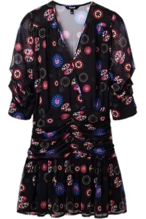 Desigual Femme, Robes, Noir, Taille: 42 FR Robe Imprimée Col en V avec Manches 3/4