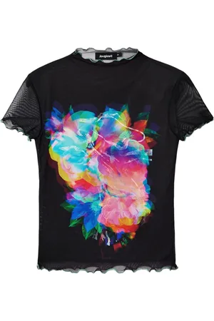 Desigual Femme, Tops, Noir, Taille: 42 FR T-Shirt Noir à Manches Courtes Imprimé