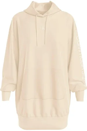 Calvin Klein Femme, Sweatshirts et sweats à capuche, Blanc, Taille: 40 FR Robe Blanche à Capuche à Manches Longues