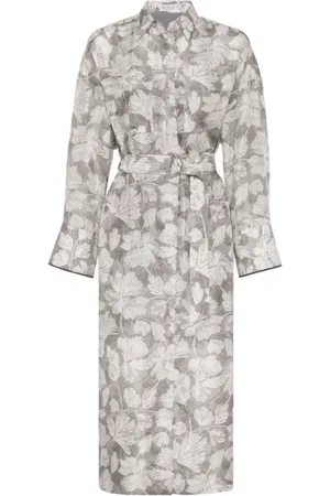 Brunello Cucinelli Femme, Robes, Gris, Taille: 42 FR Robe Midi Ceinturée à Imprimé Feuilles