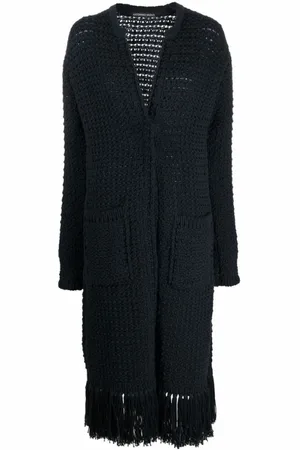 ANTONINO VALENTI Femme, Robes, Bleu, Taille: 40 FR Cardi-Manteau en Tricot Épais Bleu Foncé à Bord Effiloché
