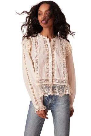 LOVESHACKFANCY Femme, Blouses et Chemises, , Taille: 36 FR Chemisier Vintage à Volants en Mesh Brodé