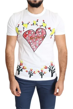 Dolce & Gabbana Homme, Tops, Blanc, Taille: S Valentine Print Crew Neck T-Shirt