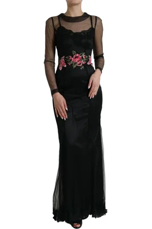 Dolce & Gabbana Femme, Robes, Noir, Taille: 36 FR Élégante Robe Longue en Tulle Brodé de Fleurs