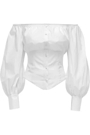 MVP Wardrobe Femme, Blouses et Chemises, Blanc, Taille: 38 FR Chemisier en popeline à encolure bateau et manches bouffantes