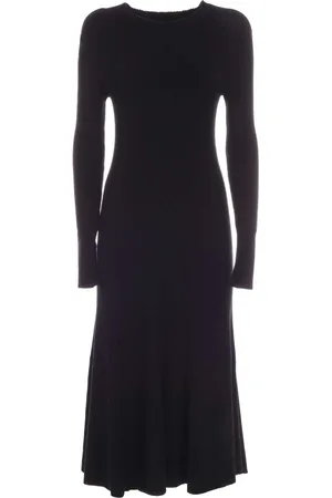 DKNY Femme, Robes, Noir, Taille: 38 FR Robe Midi en Mélange de Laine Côtelée Plissée