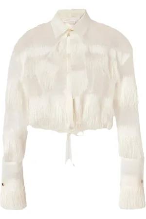 GENNY Femme, Blouses et Chemises, Blanc, Taille: 36 FR Chemisier Élégant à Lavallière Frangée