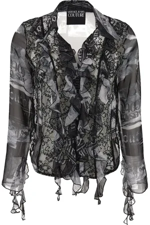 VERSACE Femme, Blouses et Chemises, Multicolore, Taille: 36 FR Chemise transparente à manches longues avec impression magazine