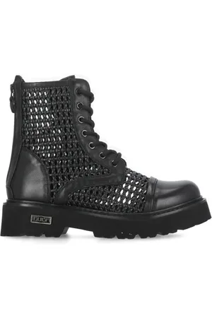 Cult Femme, Chaussures, Noir, Taille: 38 EU Bottes en Cuir Noir avec Legging Tissé