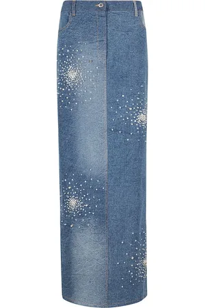 Des Phemmes Femme, Jupes, Bleu, Taille: 36 FR Jupe Midi en Denim Brodé