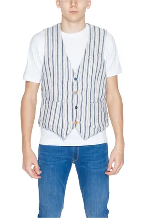 GIANNI LUPO Homme, Vestes, Multicolore, Taille: S Gilet en Coton Beige à Rayures avec Boutons