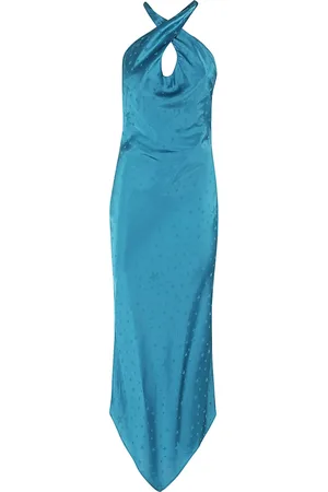 AMEN Femme, Robes, Bleu, Taille: 38 FR Élégante Robe Longue en Satin Jacquard
