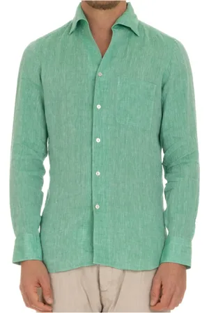 Finamore Homme, Chemises, Vert, Taille: 3XL Chemise en Lin Vert Fait Main