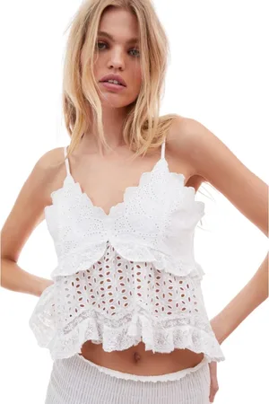 LOVESHACKFANCY Femme, Tops, Blanc, Taille: 40 FR Cami en Dentelle avec Broderies Florales