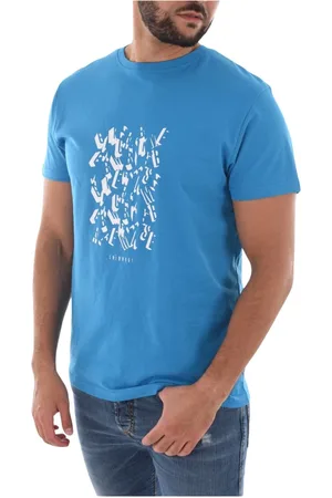 Bikkembergs Homme, Tops, Bleu, Taille: S T-shirt en Coton Imprimé - Bleu Col Rond Manches Courtes