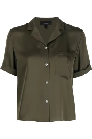 THEORY Femme, Blouses et Chemises, Vert, Taille: 36 FR Chemise de Bowling en Soie Vert Olive