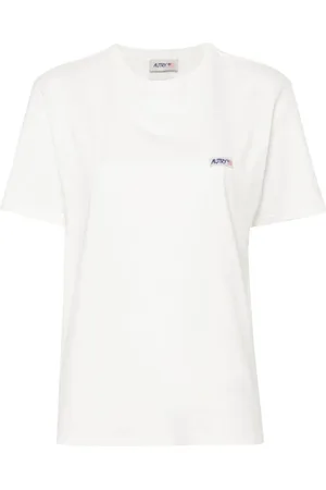 Autry Femme, Tops, Blanc, Taille: 36 FR T-shirt Blanc en Coton avec Patch Logo